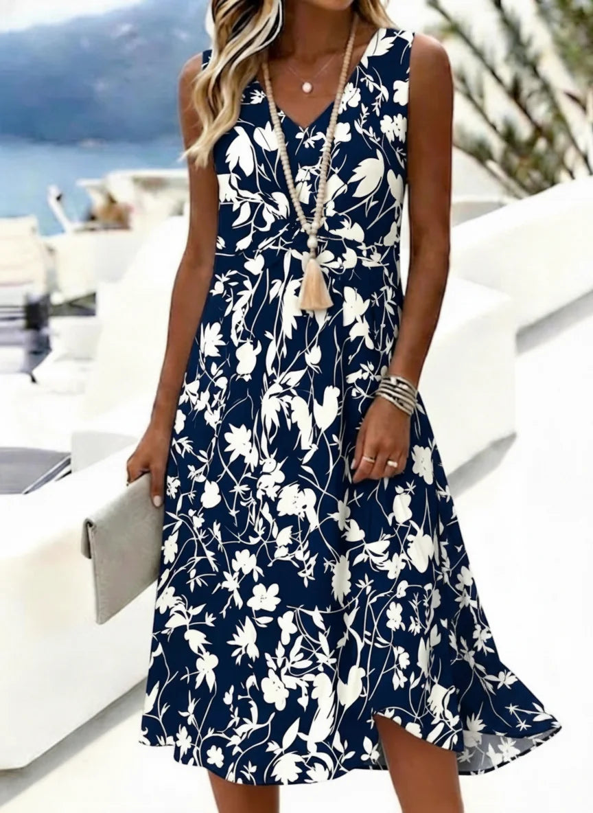 Summer Floral V Neck Sleeveless Loose A-Line Midi Tank Dress For Women