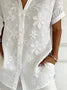 Women Shirt Collar Short Sleeve Floral Embossed Loose Button Up Shirt