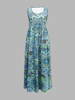 Women Crew Neck Sleeveless Paisley Print Loose A-Line Maxi Dress