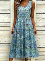 Women Crew Neck Sleeveless Paisley Print Loose A-Line Maxi Dress