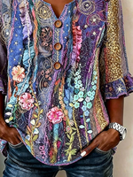 Women V Neck Half Sleeve Vintage Floral Print Peplum Cuff Blouse