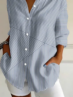 Women Shirt Collar Long Sleeve Asymmetric Striped Loose Button Up Shirt