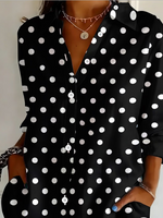 Women Shirt Collar Long Sleeve Polka Dot Loose Button Up Shirt