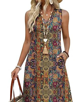 Women V Neck Sleeveless Boho Floral Print Loose A-Line Midi Dress