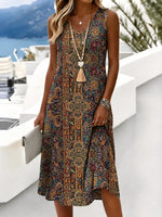 Women V Neck Sleeveless Boho Floral Print Loose A-Line Midi Dress
