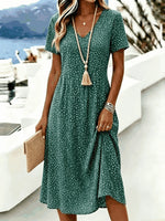 Women V Neck Short Sleeve Polka Dot Regular Fit A-Line Midi Dress