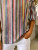 Women Crew Neck Short Sleeve Colorful Striped Casual T-Shirt