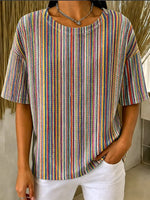 Women Crew Neck Short Sleeve Colorful Striped Casual T-Shirt