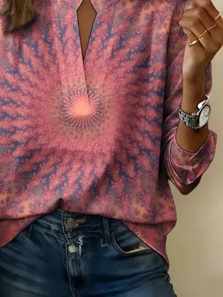 Women V-Neck Long Sleeve Abstract Print Casual Blouse