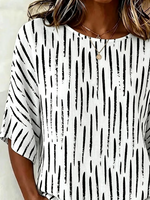 Crew Neck Half Sleeve Abstract Stripes Printing Regular Micro-Elasticity Blouse For Women
