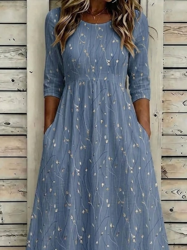 Women Floral Summer Printing Crew Neck Half Sleeve H-Line Maxi Dress