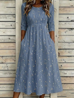Women Floral Summer Printing Crew Neck Half Sleeve H-Line Maxi Dress