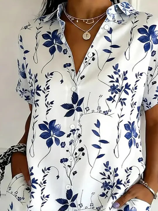 Women Shirt Collar Short Sleeve Floral Print Button Up Shirt