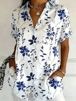Women Shirt Collar Short Sleeve Floral Print Button Up Shirt