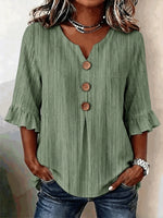 Women V Neck Half Sleeve Abstract Stripes Micro-Elastic Blouse