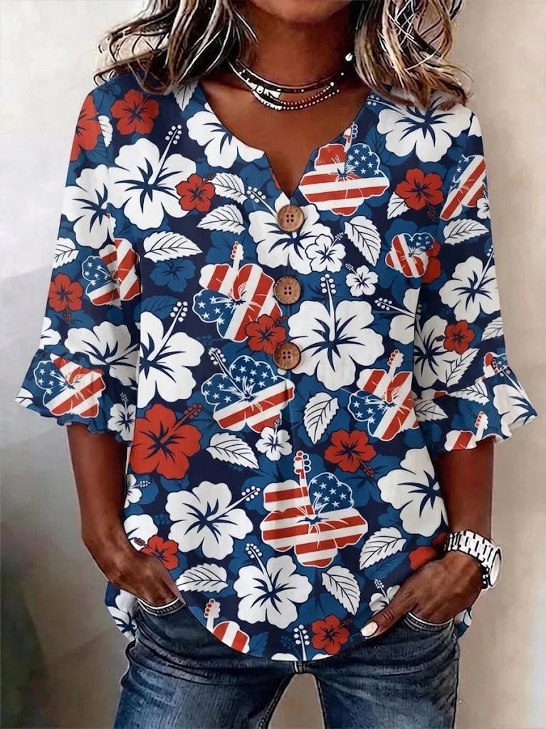 Women V Neck Half Sleeve Independence Day Floral Flag Micro-Elastic Blouse