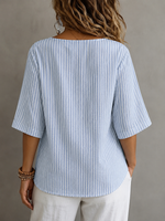 V Neck Half Sleeve Stripe-Blue Striped Loose Micro-Elastic Blouse
