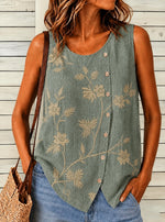 Casual Crew Neck Plants Green Sleeveless Women Tank Top