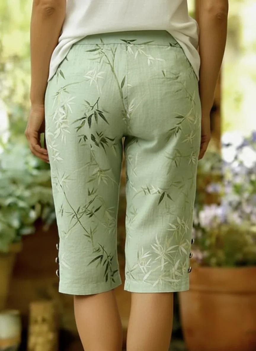 Casual Plants Print Lightgreen Natural Straight Capri Pants