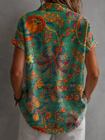 Vintage Green Paisley Floral Collared Roll Short Sleeve Button Down Shirt