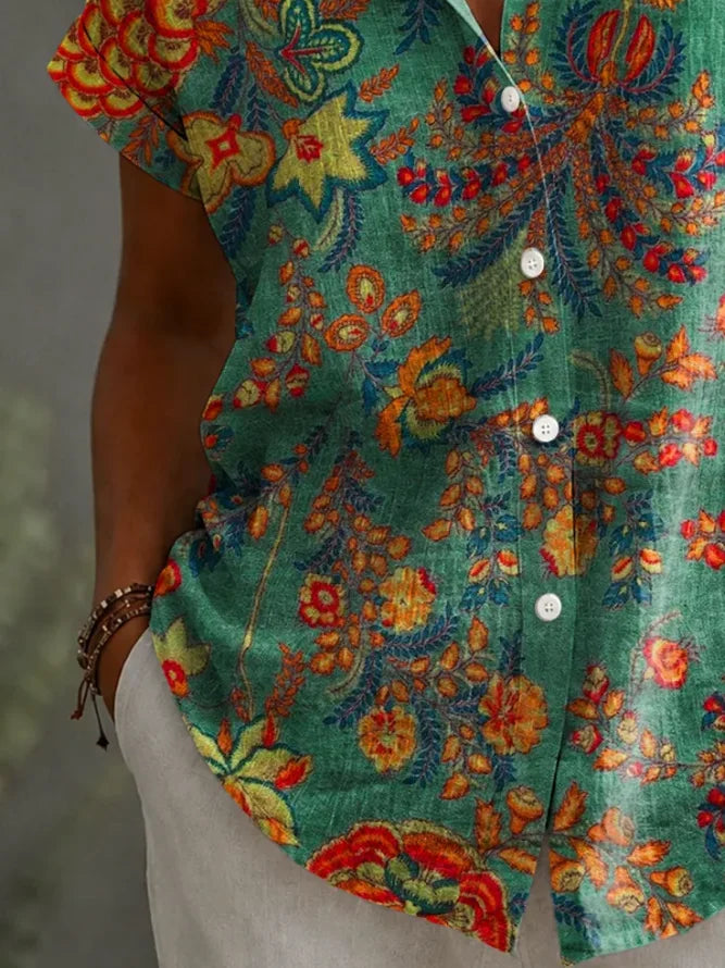 Vintage Green Paisley Floral Collared Roll Short Sleeve Button Down Shirt