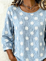 Textured Raised White Floral Crew Neck Half Sleeve Summer Blouse