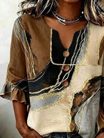 Retro Abstract Color Block V Neck Ruffle Half Sleeve Blouse