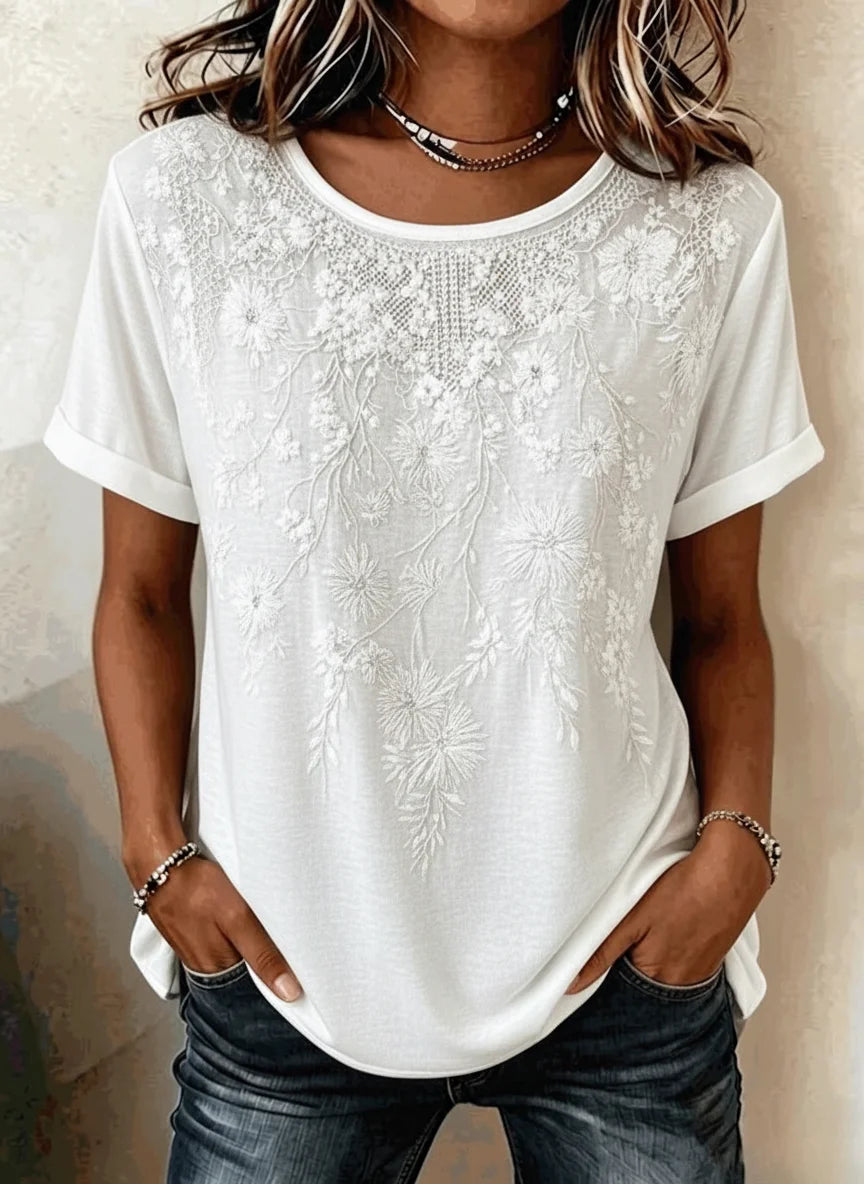 Vintage Floral Crew Neck Short Sleeve 3D Embroidery Loose T-shirt