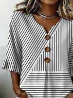 V Neck Half Sleeve Spliced Striped Print Ruffle Cuff Button Blouse