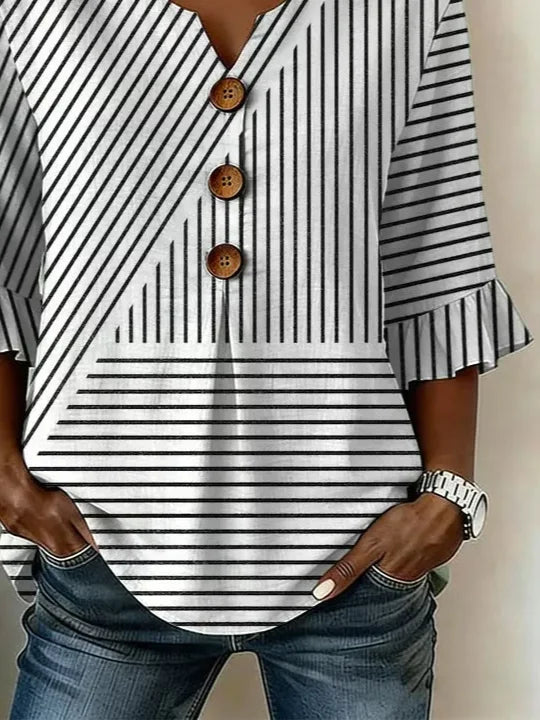 V Neck Half Sleeve Spliced Striped Print Ruffle Cuff Button Blouse
