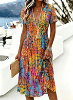 Women Abstract Summer V Neck Short Sleeve A-Line Midi Dress