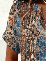 Women V Neck Short Sleeve Paisley Floral Loose Button Down Shirt