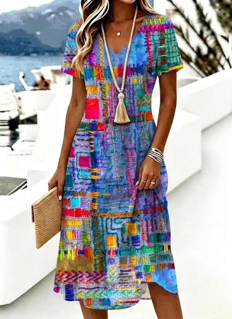 Women Abstract Graphic Summer Dress V Neck Short Sleeve A-Line Dress