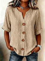 V Neck Three Quarter Sleeve Leaf Regular Loose Shirt For Women
