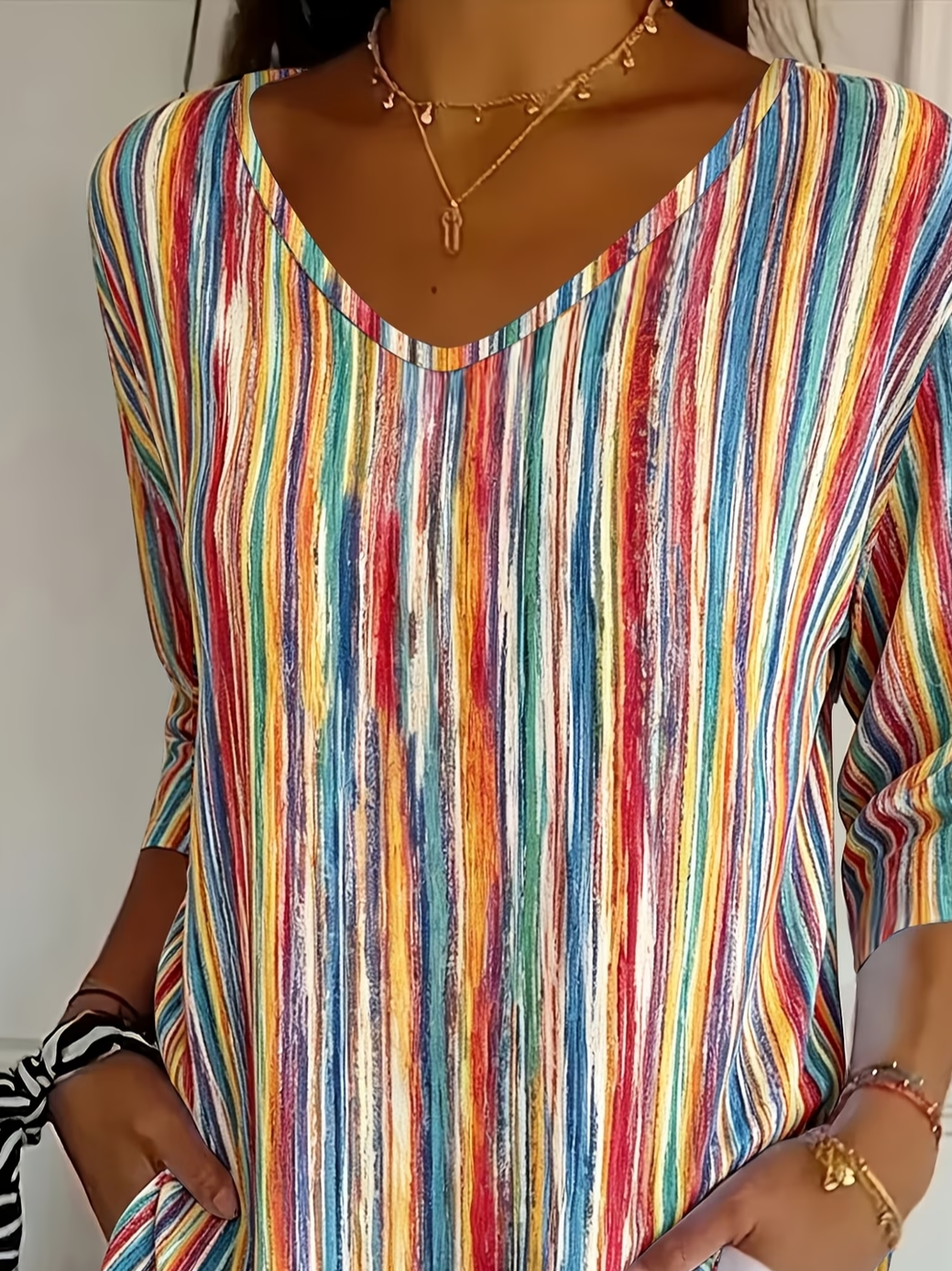 Casual Abstract Stripes V Neck Three Quarter Sleeve T-shirt