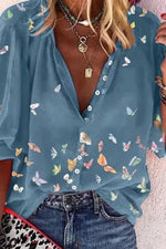 Colorful Butterfly Print V Neck Long Sleeves Shirt