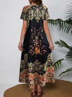 Women Ethnic Summer Dress V Neck Short Sleeve T-Shirt Dress H-Line Dress