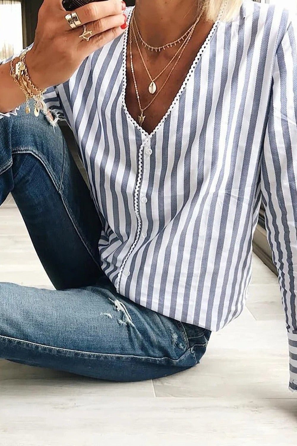 Stripe V Neck Loose Casual Long Sleeves Blouses