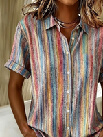 Shirt Collar Short Sleeve Abstract Stripes Printing Regular Micro-Elasticity Loose Button Up Shirt Shirt For Women