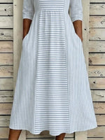 Women Striped Summer Printing Dress Crew Neck Half Sleeve H-Line Dress