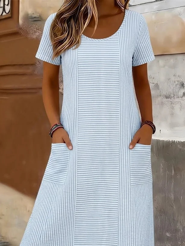 Women Striped Summer Printing Dress Crew Neck Short Sleeve T-Shirt Dress H-Line Dress