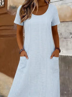 Women Striped Summer Printing Dress Crew Neck Short Sleeve T-Shirt Dress H-Line Dress