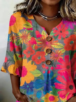 V Neck Half Sleeve Floral Printing Regular Micro-Elasticity Regular Fit Blouse For Women