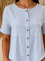 Crew Neck Short Sleeve Striped Casual Regular Loose Shirt For Women