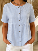 Crew Neck Short Sleeve Striped Casual Regular Loose Shirt For Women