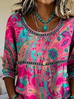 Crew Neck Half Sleeve Floral Printing Regular Micro-Elasticity Loose Blouse For Women