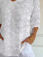 Casual Floral V Neck Three Quarter Sleeve T-shirt