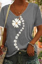 Loose V Neck Casual Floral Print Short Sleeves T-Shirt