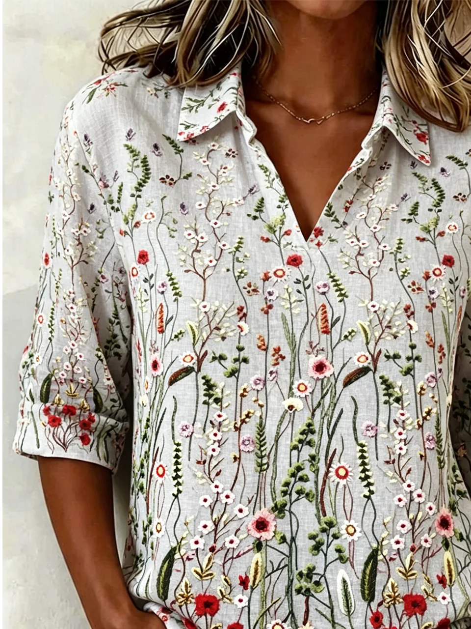 Casual Shawl Collar Half Sleeve Floral Lightweight Loose Shirt For Women