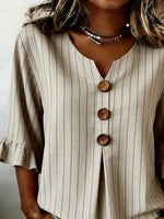V Neck Half Sleeve Striped Printing Regular Micro-Elasticity Regular Fit Blouse For Women